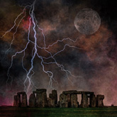 Stonehenge with moon and lightning